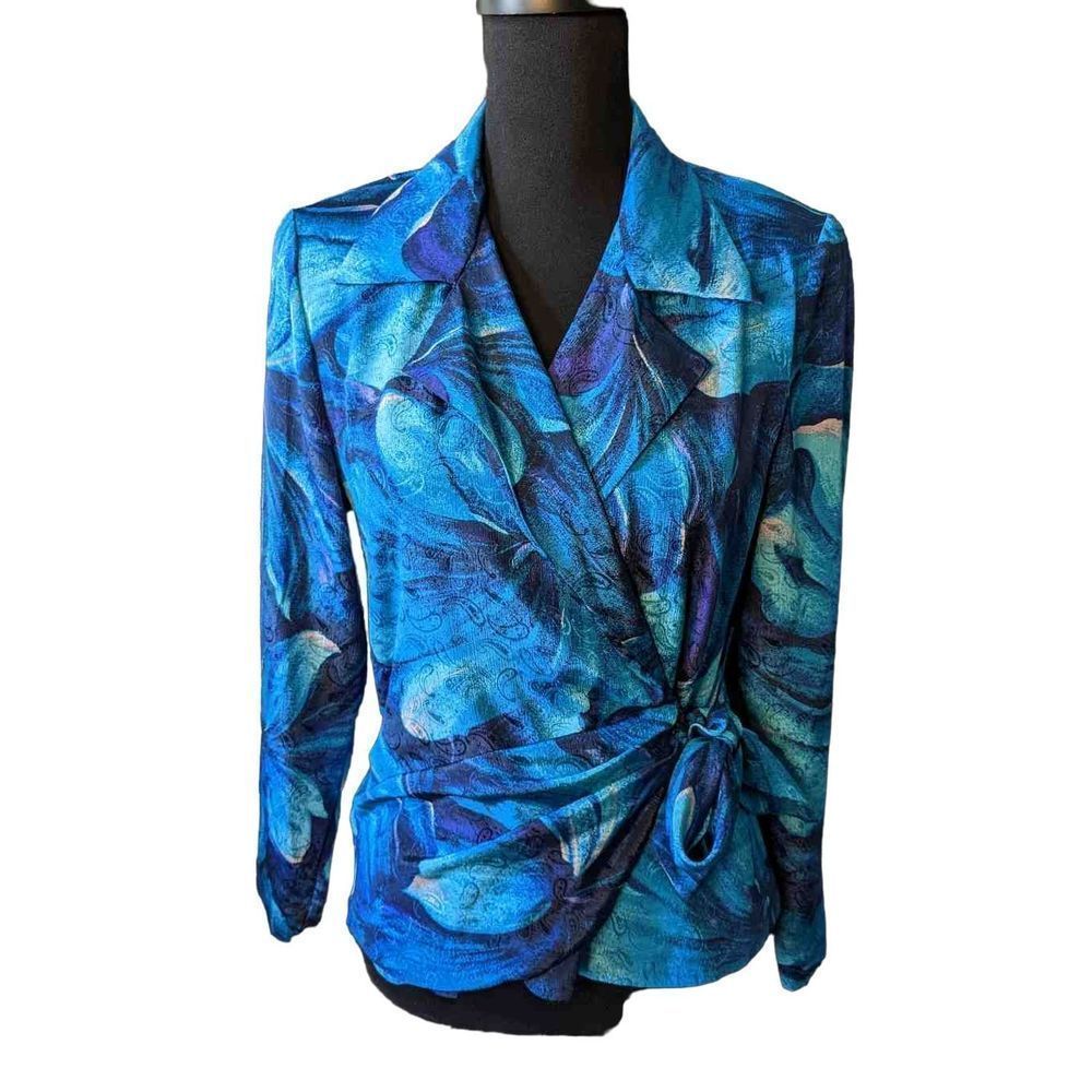 Vintage Turquoise & Teal Wrap Blouse w/Peplum Schrader Women's Size 10, T11